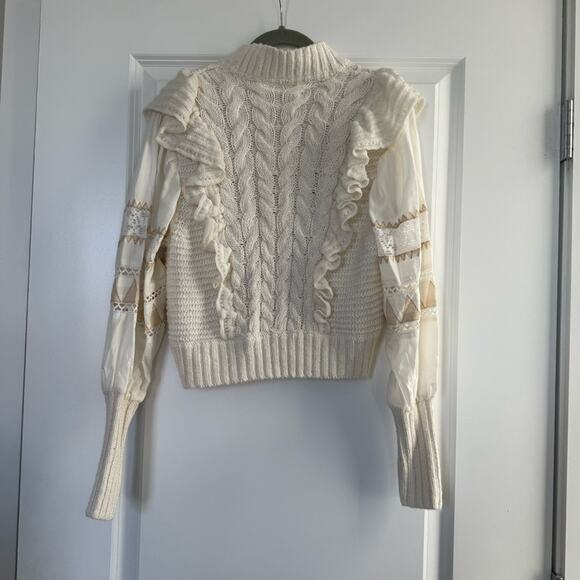 By Anthropologie Mixed Cable Knit Ruffle Sweater Petite - Picture 8 of 9